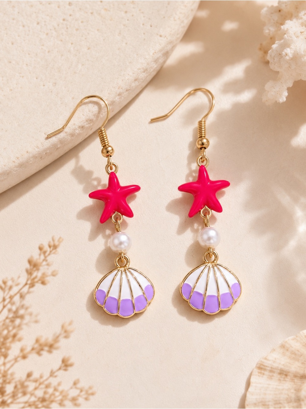 Unbranded Pink Starfish & Lavender Shell Drop Earrings